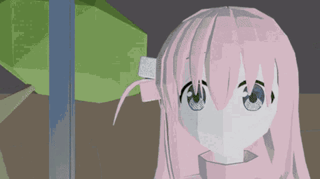 a 3d model of a girl with pink hair and blue eyes standing next to a green object .