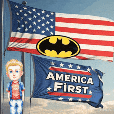 a boy in a trump shirt stands next to an american flag and a batman flag that says america first