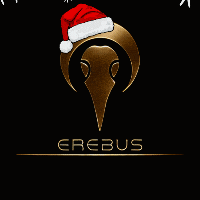 a logo for erebus with a santa hat and snowflakes on a black background