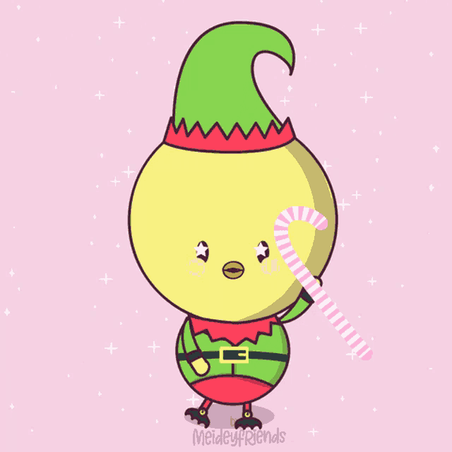 a cartoon of a chicken dressed as an elf with a candy cane