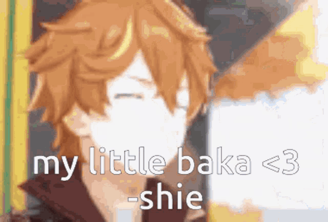 a picture of a anime character with the words my little baka < 3 shie written on it