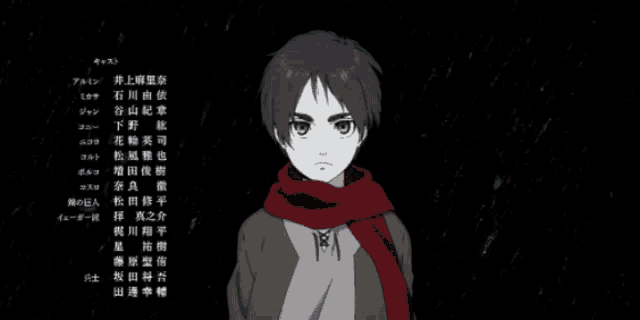 a young boy with a red scarf around his neck is standing in front of a list of names