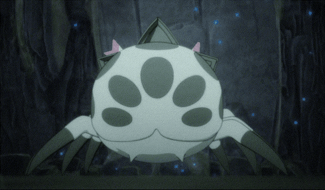 a cartoon spider with pink horns is sitting on a rock