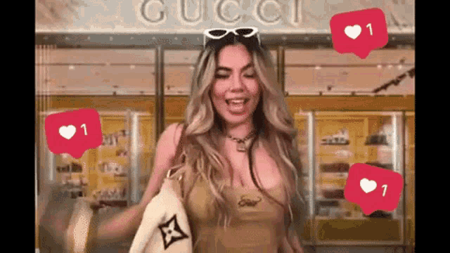 a woman is standing in front of a gucci store surrounded by likes