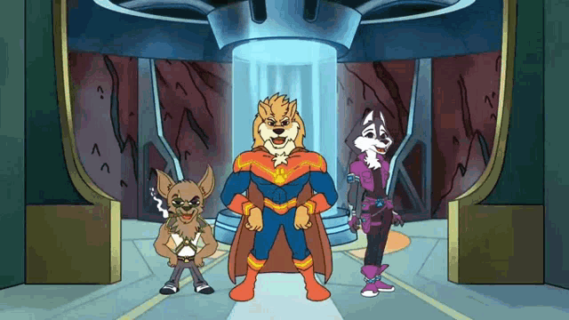 three cartoon characters are standing next to each other and one is wearing a cape