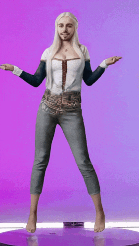 a woman with blonde hair and a beard is dancing