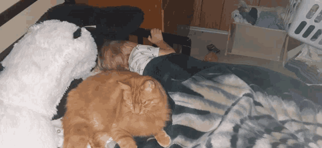 a child is laying on a bed with a stuffed panda and a cat