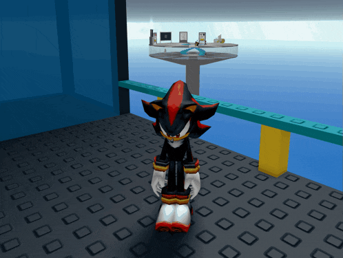 shadow the hedgehog is standing in a room with a blue sky in the background