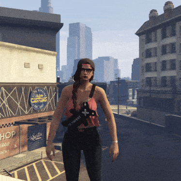 a woman in a video game is standing in front of a building that says customs
