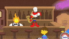 a cartoon character playing a saxophone in a bar next to a sign that says g.l.