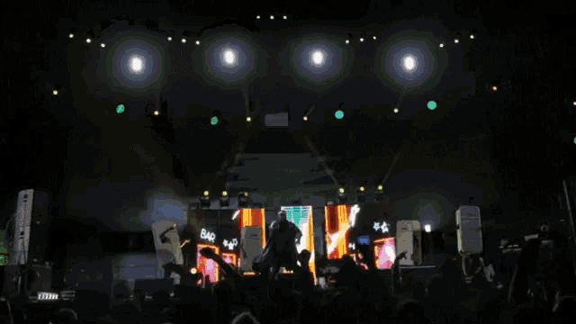 a crowd of people watching a concert with a screen behind them that says ' bad '