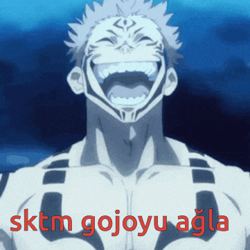 a picture of a man laughing with the words sktm gojoyu agla in red