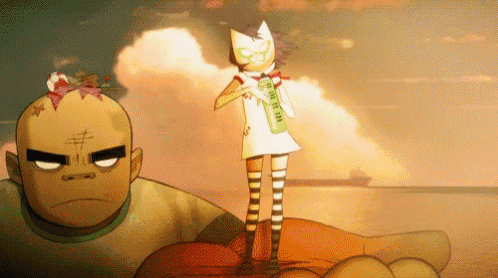 a cartoon drawing of a man and a girl standing next to each other with the girl holding a bottle of soda