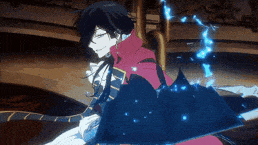 a man with long black hair and a red collar is holding a sword and a book .