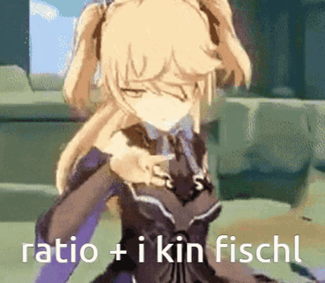 a picture of a girl with the words ratio + i kin fischl written below her
