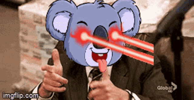 a cartoon koala bear is giving a thumbs up with red lasers coming out of its eyes