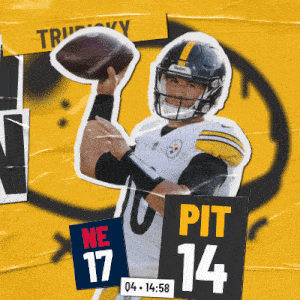 a football player throws a ball in front of a yellow background that says pit 14