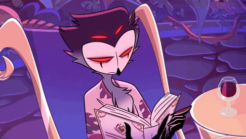 a cartoon character is reading a book next to a glass of red wine