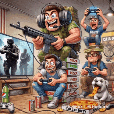 a cartoon of a man playing a video game with a pizza box that says pizza on it