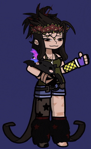 a girl with a flower crown on her head is holding a bat