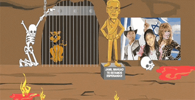 a cartoon of a man standing next to a sign that says " jamil manuao te estamos esperando "