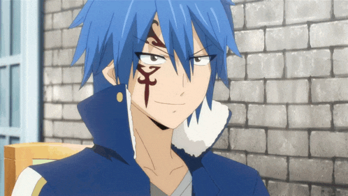 a cartoon character with blue hair and a tattoo on his face