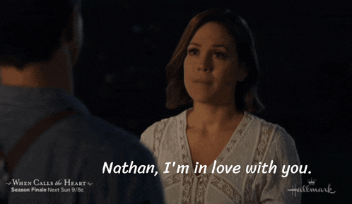 a hallmark ad for when calls the heart shows a woman talking to a man
