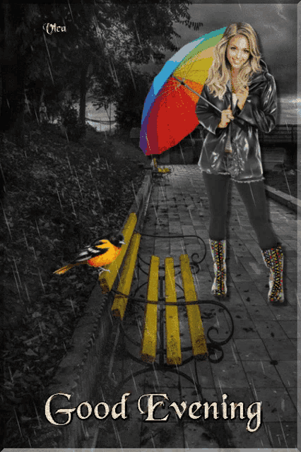 a woman holding a rainbow colored umbrella in the rain