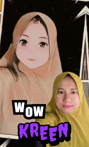 a woman wearing a yellow hijab stands in front of a cartoon drawing of a girl and the words wow kreen above her