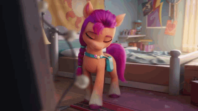 a little pony with purple hair is standing in a bedroom next to a bed .