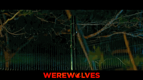 a movie poster for werewolves shows a man standing in front of a house at night