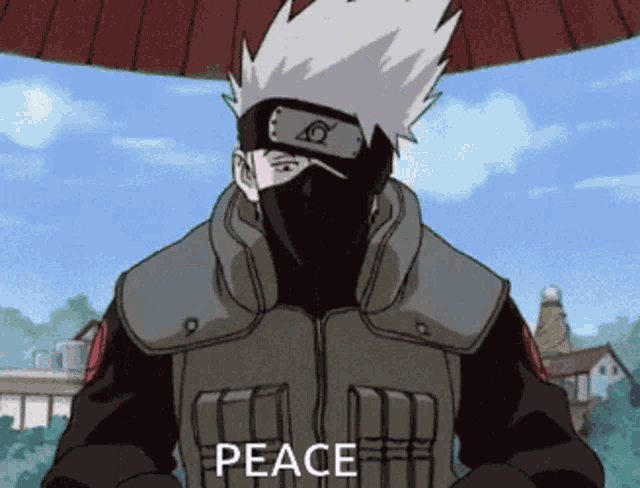 a cartoon character with a mask on his face and the word peace below him