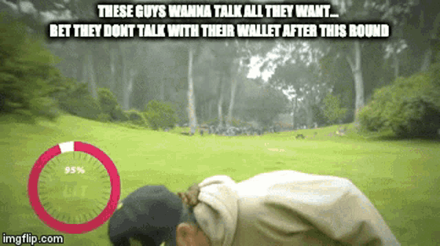 a man is kneeling down in a grassy field with the words these guys wanna talk all they want below him