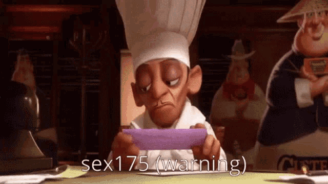 a cartoon chef is reading a piece of paper that says sex175 ( warning ) on it