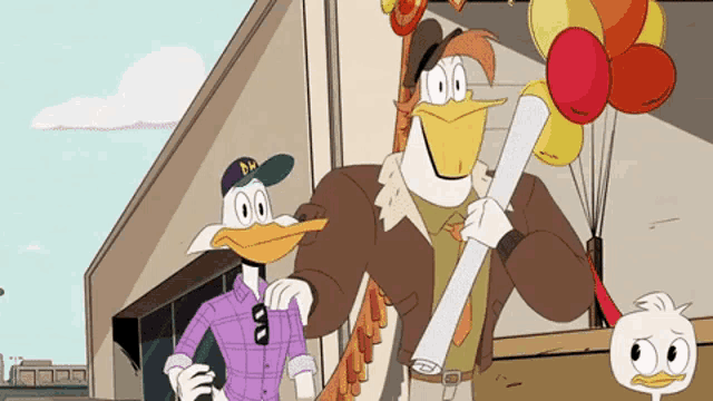 a couple of cartoon ducks standing next to each other holding balloons and a piece of paper .