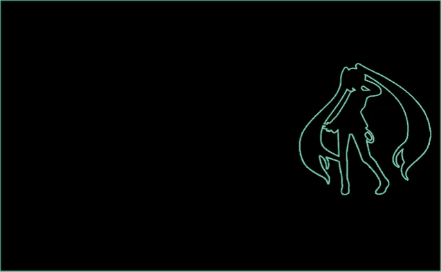 a silhouette of a girl with long hair is lit up in green on a black background