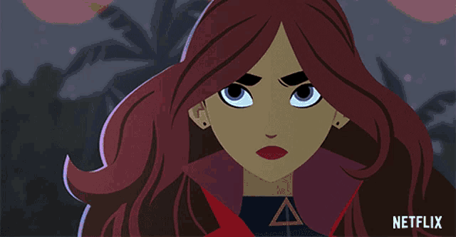 a cartoon of a woman with red hair and a triangle on her chest is sponsored by netflix