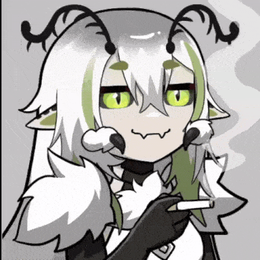 a cartoon girl with horns is smoking a cigarette and making a face .