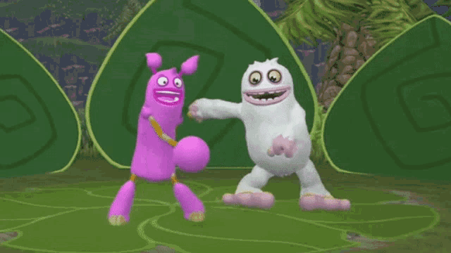 a purple monster and a white monster are dancing together in a video game