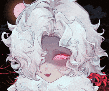 a drawing of a girl with white hair and red eyelashes