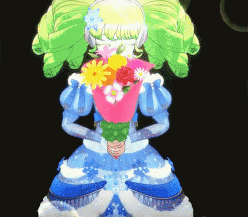 a girl in a blue dress is holding a bunch of flowers