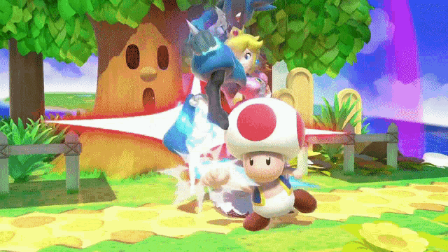 a video game scene with a toad and a princess peach