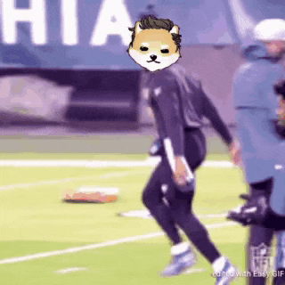 a man is walking on a football field with a doge head on his head .