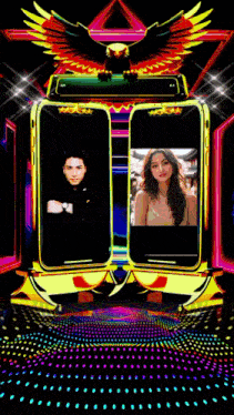 a man and a woman are displayed on a colorful screen
