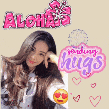 a picture of a woman with the words sending hugs behind her