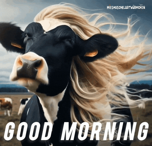 a picture of a cow with long blonde hair and the words good morning