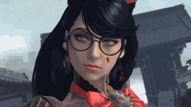 a woman wearing glasses and a red bow tie
