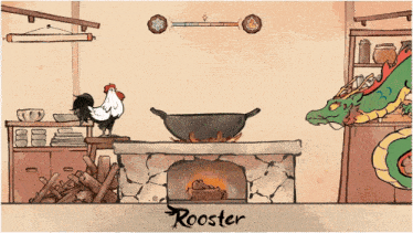 an illustration of a rooster and a dragon cooking