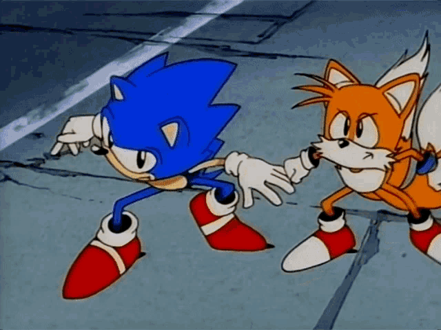 sonic the hedgehog and tails the fox are holding hands in a cartoon