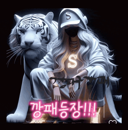 a girl in a s hat sits next to a tiger